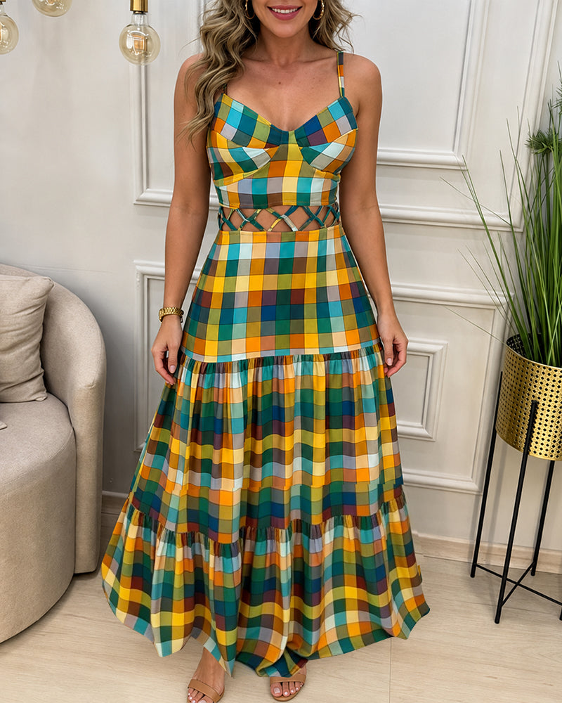 Colorblock |  Robe longue à découpes, col en V, dos nu et volants, robe de plage décontractée froncée