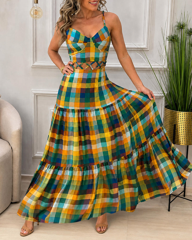 Colorblock |  Robe longue à découpes, col en V, dos nu et volants, robe de plage décontractée froncée
