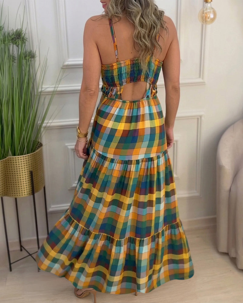 Colorblock |  Robe longue à découpes, col en V, dos nu et volants, robe de plage décontractée froncée