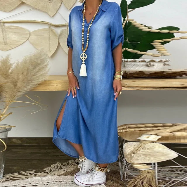 Emma | Lange jurk in jeanslook met zijsplit