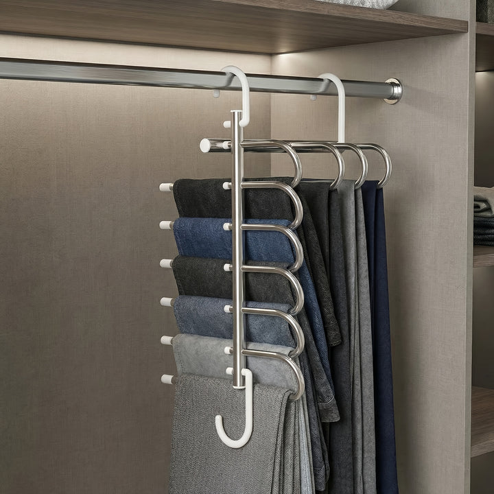 Ruimtebesparende 6-laags antislip metalen broekhanger met 2 haken, roestvrijstalen ontwerp vermindert rommel met 80%, perfect voor skinny jeans en denim stoffen, een ideale cadeaukeuze voor elf feestdagen