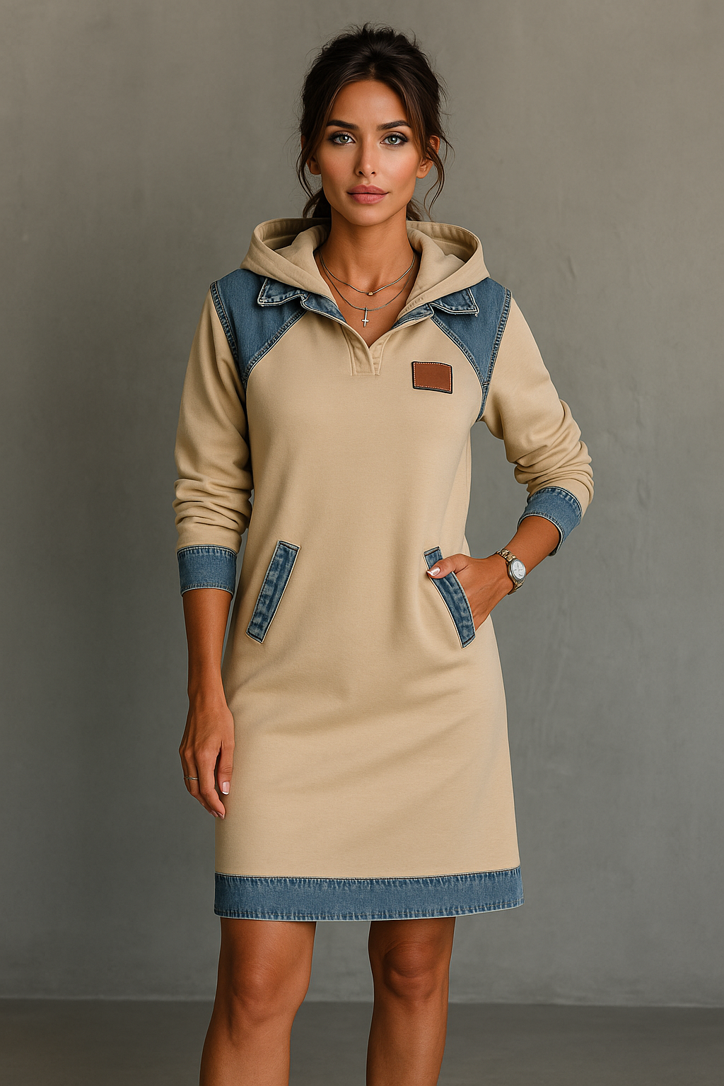 Tonia | Robe décontractée à capuche avec détails en denim