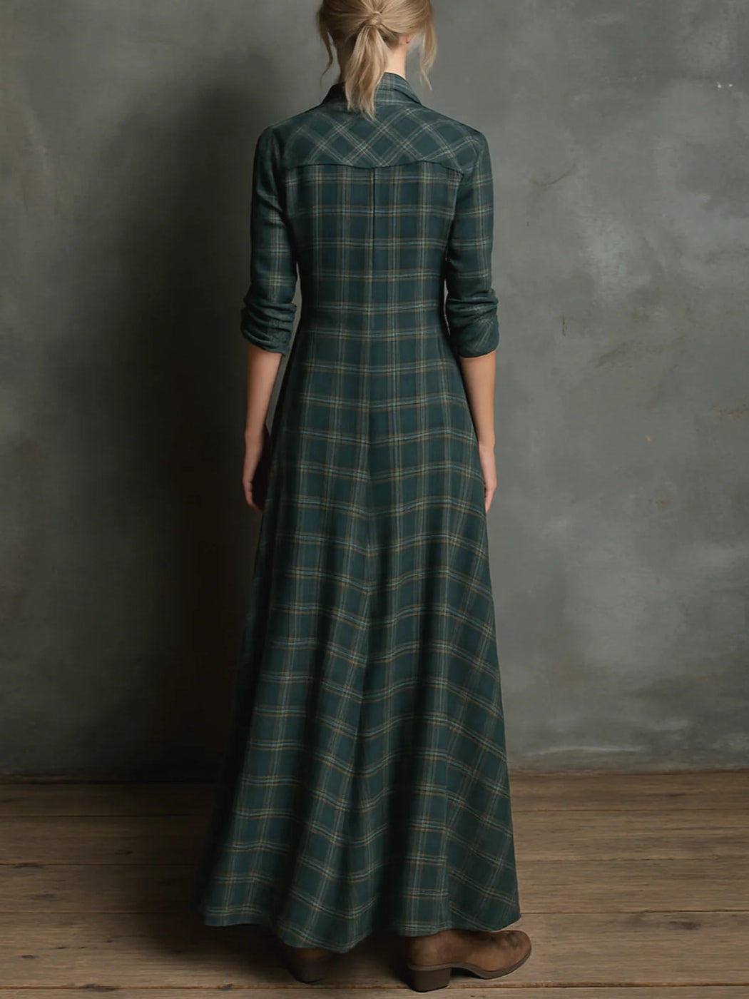 Colette | Lange jurk met groene geruite revers